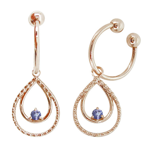 ドロップ フープイヤリング 一粒 レディース 揺れる イヤーカフ K10 K18 PT900 選べる誕生石 しずく ダブル 天然石 ノンホールピアス 雫 両耳セット drop