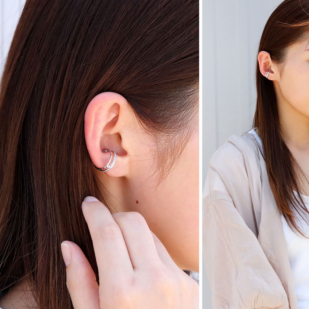 イヤーカフ レディース 2連 大ぶり ラインストーン ティアラ Ear Cuff tiara 選べる誕生石 天然石 10金 18金 プラチナ シルバー 片耳用 ノンホールピアス