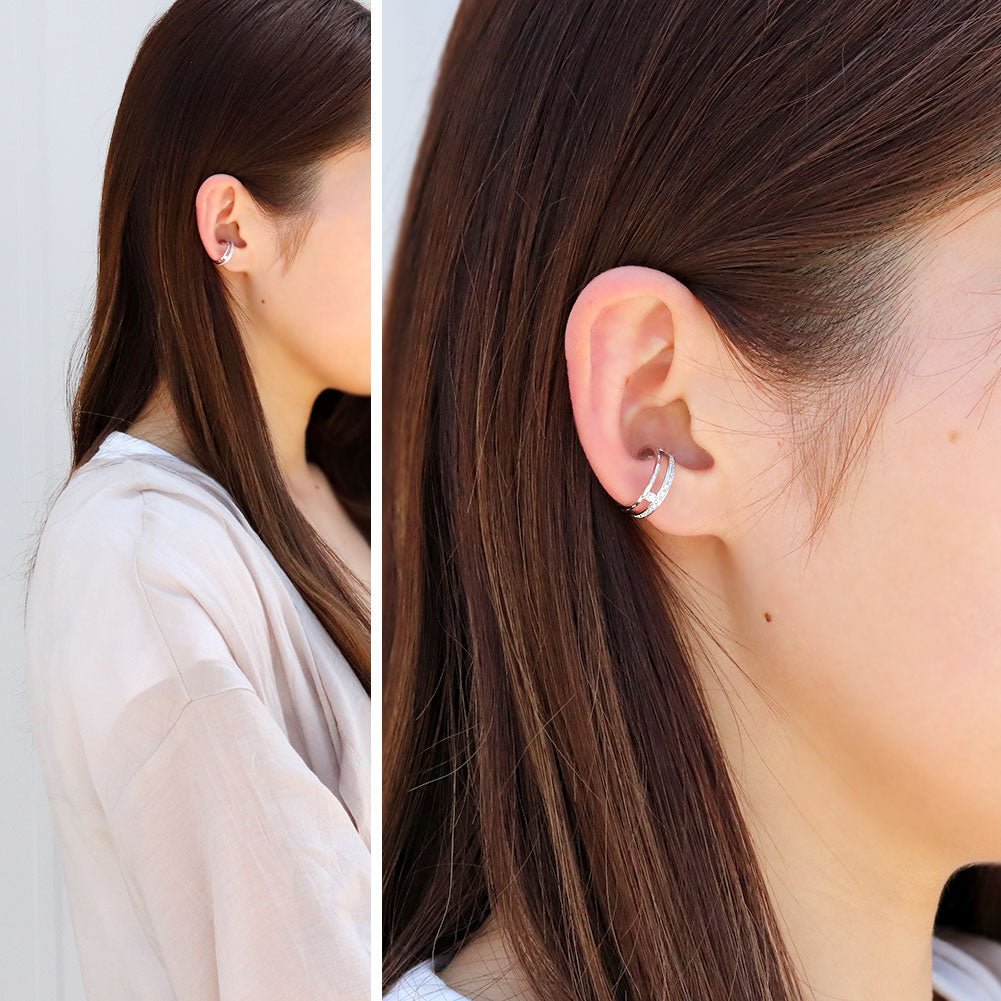 イヤーカフ レディース 2連 大ぶり ラインストーン ティアラ Ear Cuff tiara 選べる誕生石 天然石 10金 18金 プラチナ シルバー 片耳用 ノンホールピアス