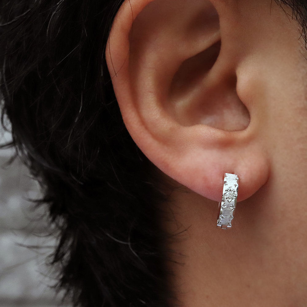 誕生石選べる フープピアス メンズ 中折れ 誕生石 天然石 フープ 洋彫り 片耳 ピアス キャッチレス 一粒 彫り10金 18金 プラチナ シルバー