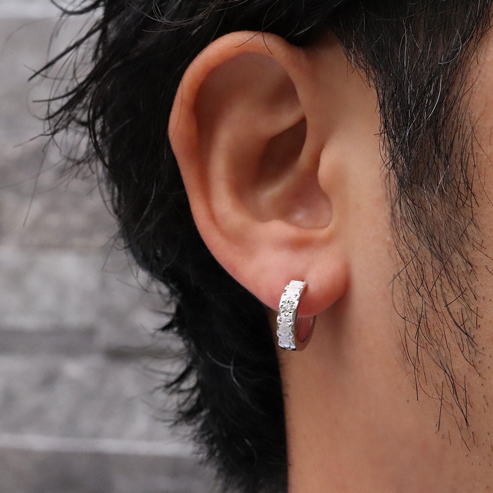 誕生石選べる フープピアス メンズ 中折れ 誕生石 天然石 フープ 洋彫り 片耳 ピアス キャッチレス 一粒 彫り10金 18金 プラチナ シルバー