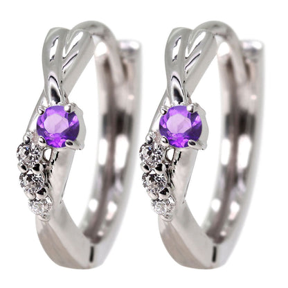 中折れ式 フープピアス レディース クロスライン 選べる誕生石 天然石 交差 X 両耳 Ladies Hoop Pierce Croee 10金 18金 プラチナ シルバー