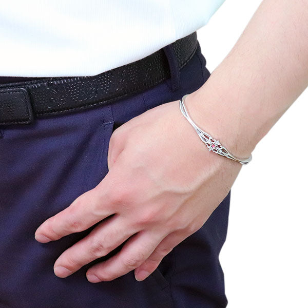 クロス バングル メンズ 透かし 十字架 選べる誕生石 一粒 天然石 Mens Bangle Cross Birthstone 細め メンズブレス 10金 18金 プラチナ シルバー